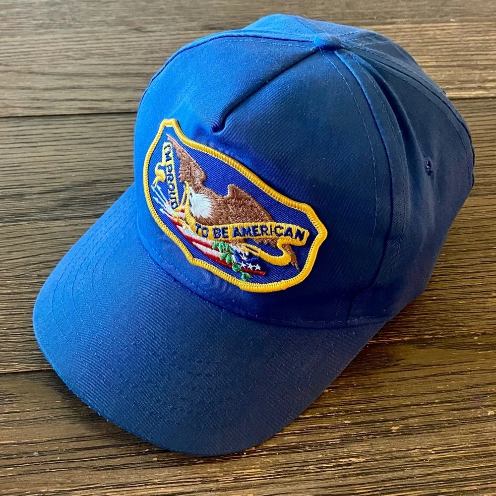 Vintage Proud To Be American Hat Cap Snap Back Blue One Size Eagle Patch 70s 80s